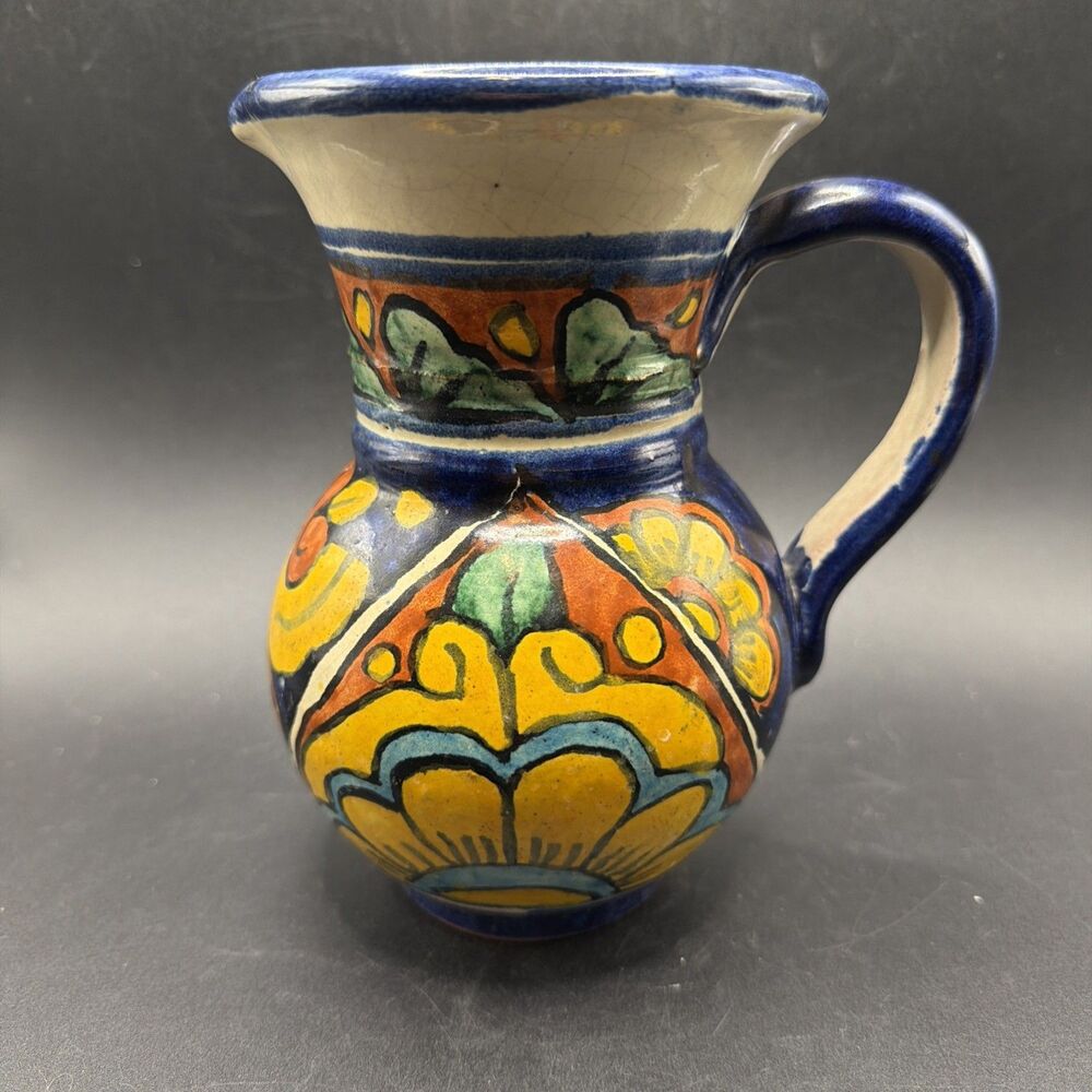 Vintage Talavera Amora Mexican Handcrafted Pottery Pitcher 6.5” Tall Mexico